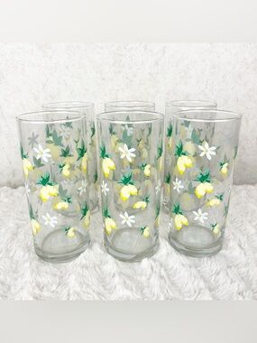 Cristar 6 Watercolor Lemons White Floral Tumbler Glasses Cottagecore Summer